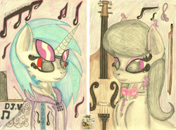 Size: 2850x2105 | Tagged: dead source, safe, artist:sarnathid-prime-pony, dj pon-3, octavia melody, vinyl scratch, earth pony, pony, unicorn, g4, bow (instrument), bowtie, cello, clothes, glasses, high res, hoodie, music notes, musical instrument, pencil drawing, sketch, traditional art
