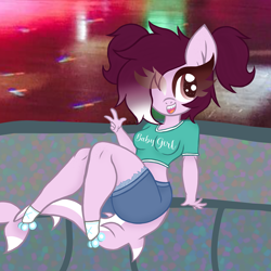 Size: 3543x3543 | Tagged: safe, artist:chubbehbunneh16, original species, shark, shark pony, anthro, unguligrade anthro, base used, body freckles, clothes, female, freckles, gradient mane, high res, one eye closed, roller skates, short shirt, shorts, solo, wink