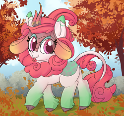 Size: 3000x2800 | Tagged: safe, artist:illusion, oc, oc only, oc:pumpkin leaves, kirin, autumn, cute, eye clipping through hair, falling leaves, female, high res, kirin oc, kirinbetes, leaves, looking at you, ocbetes, smiling, smiling at you, solo, tongue out, tree, unshorn fetlocks