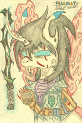 Size: 2007x2987 | Tagged: dead source, safe, artist:sarnathid-prime-pony, oc, oc:sarr, ambiguous species, original species, high res, horn, pencil drawing, sketch, sword, traditional art, weapon, wings