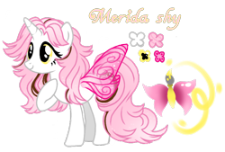 Size: 1596x1080 | Tagged: safe, artist:jvartes6112, oc, oc only, oc:merida shy, alicorn, pony, alicorn oc, butterfly wings, eyelashes, female, hoof on chest, horn, mare, offspring, parent:fluttershy, parent:oc:jv6112, parents:canon x oc, reference sheet, simple background, solo, transparent background, wings