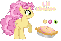 Size: 1596x1080 | Tagged: safe, artist:jvartes6112, li'l cheese, earth pony, pony, g4, the last problem, eyelashes, female, food, looking up, mare, older li'l cheese, pie, raised hoof, reference sheet, rule 63, simple background, smiling, transparent background