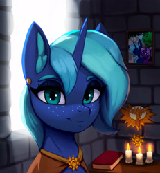 Size: 3102x3351 | Tagged: safe, artist:mrscroup, oc, oc only, oc:novus flux, oc:tenebris flux, pony, unicorn, altar, book, candle, cape, clasp, clothes, ear fluff, ear piercing, earring, eyeshadow, female, freckles, high res, jewelry, makeup, not luna, picture frame, piercing, solo