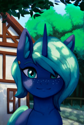 Size: 2158x3188 | Tagged: safe, artist:mrscroup, oc, oc only, oc:novus flux, pony, unicorn, ear fluff, ear piercing, earring, freckles, happy, high res, house, jewelry, looking at you, not luna, piercing, solo, tree, village