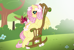 Size: 1596x1080 | Tagged: safe, artist:jvartes6112, fluttershy, bird, pegasus, pony, g4, blushing, braid, eyelashes, female, mare, outdoors, preggoshy, pregnant, rocking chair, sitting, smiling, solo, tree, wings