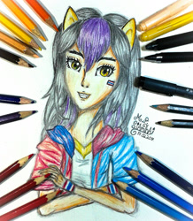 Size: 1536x1758 | Tagged: safe, artist:mudmee-thai, oc, oc only, human, bust, clothes, crossed arms, eared humanization, eyelashes, female, humanized, signature, tattoo, traditional art