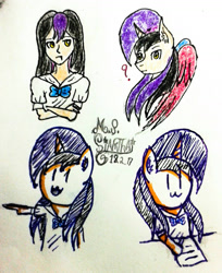 Size: 1446x1775 | Tagged: safe, artist:mudmee-thai, oc, oc only, alicorn, human, pony, unicorn, anthro, alicorn oc, anthro with ponies, clothes, female, horn, humanized, mare, open mouth, signature, smiling, traditional art, unicorn oc, wings