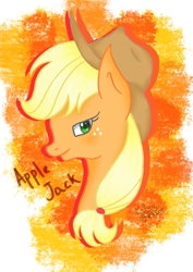 Size: 595x841 | Tagged: safe, artist:mudmee-thai, applejack, earth pony, pony, g4, abstract background, bust, eyelashes, female, freckles, hat, mare, signature, smiling, solo