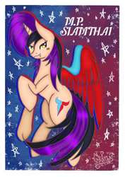 Size: 595x841 | Tagged: safe, artist:mudmee-thai, oc, oc only, alicorn, pony, abstract background, alicorn oc, bipedal, female, horn, mare, raised hoof, signature, solo, wings