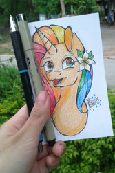 Size: 1314x1968 | Tagged: safe, artist:mudmee-thai, oc, oc only, pony, unicorn, female, flower, flower in hair, horn, irl, mare, multicolored hair, open mouth, photo, rainbow hair, signature, solo, traditional art, unicorn oc