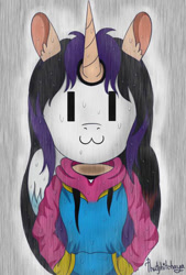 Size: 502x741 | Tagged: safe, artist:mudmee-thai, oc, oc only, alicorn, anthro, alicorn oc, clothes, ear fluff, female, hoodie, horn, mask, signature, solo, wings