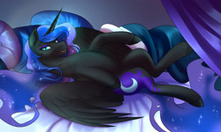 Size: 2500x1500 | Tagged: safe, artist:cosmalumi, nightmare moon, alicorn, pony, g4, bed, bedroom eyes, eyeshadow, fangs, female, hooves, horn, lying down, makeup, mare, missing accessory, on back, open mouth, signature, slit pupils, solo, spread wings, wings