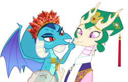 Size: 1050x674 | Tagged: safe, artist:queencold, princess ember, oc, oc:princess jian, chinese dragon, dragon, eastern dragon, g4, boop, canon x oc, crown, dragon lord ember, dragon oc, dragoness, fan, female, grin, jewelry, lesbian, regalia, shipping, simple background, smiling, teenaged dragon, transparent background