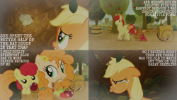 Size: 1280x720 | Tagged: safe, edit, edited screencap, editor:quoterific, screencap, apple bloom, applejack, big macintosh, bright mac, pear butter, earth pony, pony, g4, going to seed, season 9, adorabloom, apple, baby, baby apple bloom, baby pony, colt, crying, crying on the outside, cute, eyes closed, female, filly, food, lip bite, male, mare, mother and child, mother and daughter, mouth hold, pearabetes, sad, stallion, tree, younger