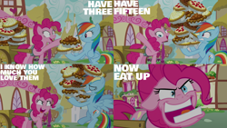 Size: 1280x720 | Tagged: safe, edit, edited screencap, editor:quoterific, screencap, pinkie pie, rainbow dash, earth pony, pegasus, pony, g4, season 7, secrets and pies, bipedal, duo, duo female, eat my pie, eyes closed, faic, female, food, mare, open mouth, pie, pinkie being pinkie, thousand yard stare, wagon