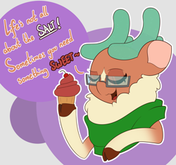 Size: 4000x3766 | Tagged: safe, artist:mrneo, cashmere (tfh), deer, reindeer, them's fightin' herds, abstract background, clothes, cloven hooves, community related, cupcake, dialogue, eyes closed, food, glasses, hoof hold, misleading thumbnail, scarf, solo