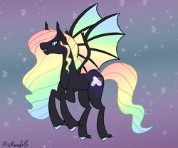 Size: 2409x2000 | Tagged: safe, artist:misskanabelle, oc, oc only, oc:mooney smile, bat pony, pony, abstract background, bat pony oc, bat wings, female, high res, hoof fluff, mare, multicolored hair, offspring, parent:king sombra, parent:princess luna, parents:lumbra, rainbow hair, signature, solo, unshorn fetlocks, wings