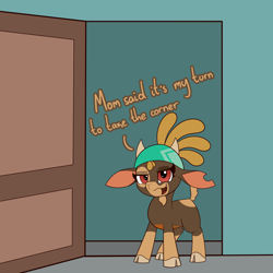 Size: 3000x3000 | Tagged: safe, artist:mrneo, shanty (tfh), goat, them's fightin' herds, bandana, cloven hooves, community related, door, doorway, high res, meme, solo, speech bubble