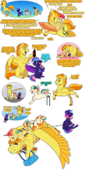 Size: 2000x4000 | Tagged: safe, artist:jackiebloom, spitfire, oc, oc:iridescence flare, oc:neon synthwave, oc:skydancer, earth pony, pegasus, pony, g4, female, filly, flying, leash, magical lesbian spawn, mother and child, mother and daughter, nonbinary, offspring, parent:rainbow dash, parent:spitfire, parents:spitdash, record, sunglasses, wing umbrella, wings