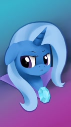 Size: 640x1136 | Tagged: artist needed, source needed, safe, trixie, pony, unicorn, g4, :<, bust, cape, clothes, cute, diatrixes, floppy ears, solo, trixie's brooch, trixie's cape