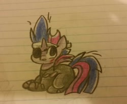 Size: 1024x840 | Tagged: safe, artist:gravityfox10, twilight sparkle, pony, unicorn, g4, clothes, eyepatch, female, future twilight, horn, lined paper, mare, scar, solo, torn clothes, traditional art, unicorn twilight
