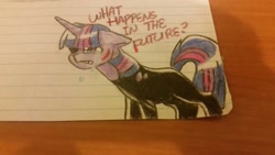 Size: 1024x576 | Tagged: safe, artist:gravityfox10, twilight sparkle, pony, unicorn, g4, clothes, crying, eyepatch, female, future twilight, horn, lined paper, mare, scar, solo, talking, torn clothes, traditional art, unicorn twilight