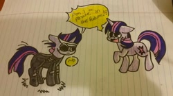 Size: 1024x574 | Tagged: safe, artist:gravityfox10, twilight sparkle, pony, unicorn, g4, clothes, dialogue, duo, eyepatch, female, frown, future twilight, horn, lined paper, mare, open mouth, raised hoof, self ponidox, smiling, time travel, torn clothes, traditional art, unicorn twilight
