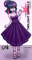 Size: 984x1860 | Tagged: safe, artist:oldskullkid, part of a set, twilight sparkle, equestria girls, g4, alternate hairstyle, bare shoulders, elegant, glasses, i can't believe it's not sci-twi, lipstick, sandals, sleeveless, solo, twilight sparkle (alicorn), twilight's professional glasses