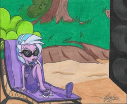 Size: 1079x879 | Tagged: safe, artist:rhythm-is-best-pony, silverstream, equestria girls, g4, beach, beach chair, chair, clothes, clothes swap, equestria girls-ified, feet, foot tapping, sandals, sarong, solo, speaker, swimsuit, swimsuit swap, tapping
