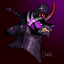 Size: 540x540 | Tagged: safe, artist:sweetendbtcharts, king sombra, pony, umbrum, unicorn, g4, bust, crown, fangs, jewelry, male, regalia, simple background, snarling, solo, stallion