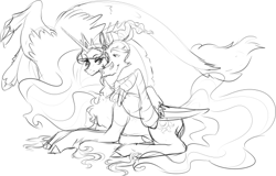 Size: 540x346 | Tagged: safe, artist:sweetendbtcharts, discord, princess celestia, alicorn, draconequus, pony, g4, female, looking at each other, lying down, male, mare, ship:dislestia, shipping, simple background, sketch, straight, white background