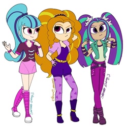 Size: 1080x1080 | Tagged: safe, artist:starnatagalaxy, adagio dazzle, aria blaze, sonata dusk, equestria girls, g4, bracelet, clothes, disguise, disguised siren, eyelashes, female, fingerless gloves, gloves, hand on hip, humanized, jewelry, pants, shoes, shorts, signature, simple background, smiling, the dazzlings, white background