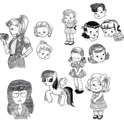 Size: 1080x1080 | Tagged: safe, artist:starnatagalaxy, rainbow dash, human, pegasus, pony, g4, barbie, bow, bust, clothes, crossed arms, crossover, daria morgendorffer, female, glasses, grayscale, hair bow, mare, monochrome, sketch, sketch dump, skirt, traditional art, unamused, wings