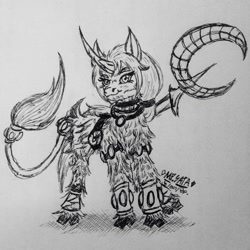 Size: 1080x1080 | Tagged: safe, artist:phutphitchaya, pony, unicorn, cloven hooves, female, grayscale, helmet, horn, league of legends, lineart, mare, monochrome, ponified, scepter, signature, smiling, solo, soraka, traditional art