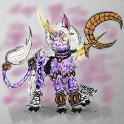 Size: 1080x1080 | Tagged: safe, alternate version, artist:phutphitchaya, pony, unicorn, cloven hooves, colored, female, glowing horn, helmet, horn, league of legends, mare, ponified, scepter, signature, smiling, solo, soraka, traditional art