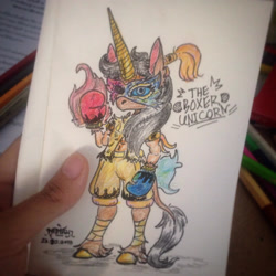 Size: 1600x1600 | Tagged: safe, artist:phutphitchaya, oc, oc only, oc:golden hooves, unicorn, anthro, unguligrade anthro, boxing gloves, clothes, female, mask, shorts, signature, solo, traditional art