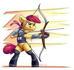 Size: 1200x1134 | Tagged: safe, artist:tsitra360, apple bloom, earth pony, pony, g4, arrow, bipedal, bow (weapon), clothes, female, signature, solo, tongue out