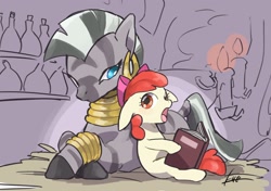 Size: 2048x1443 | Tagged: safe, artist:ku_rimo, apple bloom, zecora, earth pony, pony, zebra, book, floppy ears, indoors, lying down, open mouth, prone, sitting