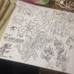 Size: 1080x1080 | Tagged: safe, artist:phutphitchaya, oc, oc:golden hooves, big cat, cat, pony, sheep, tiger, unicorn, wolf, anthro, anthro with ponies, bust, horn, sketch, sketch dump, sweat, traditional art, unicorn oc, wide eyes