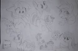 Size: 799x527 | Tagged: safe, artist:opvious, applejack, berry punch, berryshine, derpy hooves, rarity, twilight sparkle, twilight velvet, earth pony, pegasus, pony, unicorn, g4, bag, eye clipping through hair, eyes closed, female, floppy ears, frown, grayscale, lunch bag, mare, monochrome, mouth hold, open mouth, sketch, sketch dump, smiling, traditional art, unicorn twilight