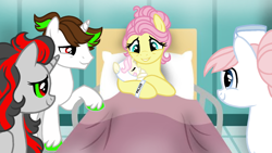 Size: 1280x720 | Tagged: safe, artist:jvartes6112, fluttershy, nurse redheart, oc, oc:felice, oc:jv6112, alicorn, earth pony, pegasus, pony, g4, alicorn oc, baby, baby pony, base used, bed, eyelashes, female, hat, horn, hospital, hospital bed, indoors, male, mare, offspring, parent:fluttershy, parent:oc:jv6112, parents:canon x oc, raised hoof, shipping, smiling, stallion, straight, unshorn fetlocks, wings