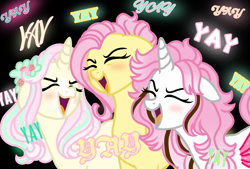Size: 1596x1080 | Tagged: safe, artist:jvartes6112, fluttershy, oc, oc:felice, oc:merida shy, alicorn, pegasus, pony, unicorn, g4, alicorn oc, black background, blushing, bust, cheering, eyelashes, eyes closed, female, flower, flower in hair, horn, mare, mother and child, mother and daughter, offspring, open mouth, palindrome get, parent:fluttershy, parent:oc:jv6112, parents:canon x oc, simple background, unicorn oc, wings, yay