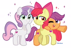 Size: 1965x1330 | Tagged: safe, artist:softpound, apple bloom, scootaloo, sweetie belle, earth pony, pegasus, pony, unicorn, g4, cute, cutealoo, cutie mark crusaders, female, filly, leaning on someone, looking at you, one eye closed, sparkles
