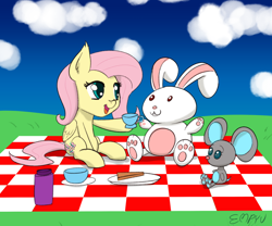 Size: 1000x833 | Tagged: safe, artist:empyu, fluttershy, pegasus, pony, g4, 30 minute art challenge, bottle, cloud, cup, cute, daaaaaaaaaaaw, female, mare, open mouth, picnic, picnic blanket, plushie, shyabetes, solo, teacup