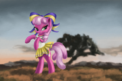 Size: 3000x1979 | Tagged: safe, artist:flusanix, cheerilee, earth pony, pony, g4, bipedal, bow, cheerileeder, cheerleader, female, hair bow, lidded eyes, mare, solo, standing on two hooves, tree
