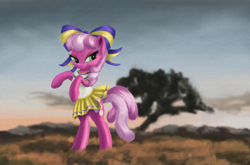 Size: 3000x1979 | Tagged: safe, artist:flusanix, cheerilee, earth pony, pony, g4, bipedal, bow, cheerileeder, cheerleader, female, hair bow, lidded eyes, mare, solo, tree