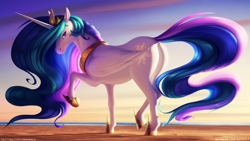 Size: 1600x900 | Tagged: safe, artist:shydale, princess celestia, alicorn, pony, g4, beach, butt, crown, female, hoers, hoof shoes, jewelry, looking back, mare, multicolored hair, painting, peytral, plot, raised leg, regalia, sand, sky, solo, wings