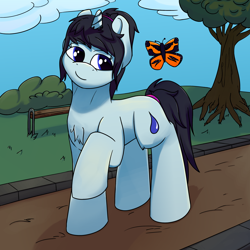 Size: 3096x3096 | Tagged: safe, artist:luther, oc, oc only, oc:serene petrichor, butterfly, pony, unicorn, female, high res, park, ponytail, solo, standing, tree