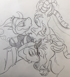Size: 1175x1280 | Tagged: safe, artist:nelfs, discord, king sombra, draconequus, pony, umbrum, unicorn, g4, crown, fangs, jewelry, king sombra is not amused, male, regalia, sketch, smiling, stallion, traditional art