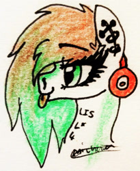 Size: 1706x2077 | Tagged: safe, artist:beamybutt, oc, oc only, earth pony, pony, :p, earth pony oc, headphones, signature, solo, tongue out, traditional art